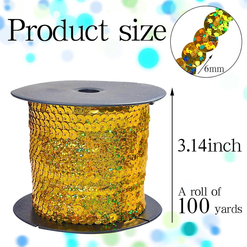 silllule 100 Yards Flat Round Sequin Trim String,6 mm Gold Glitter Sequin Ribbon Metallic Trim Strand for Crafts Sewing Wedding Dress Clothes Party Embellish - Image 2